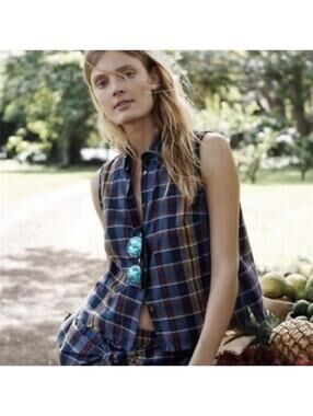 MADEWELL Vintage Cotton Moment Madras Plaid Raw Hem Sleeveless Top In Blue-Med